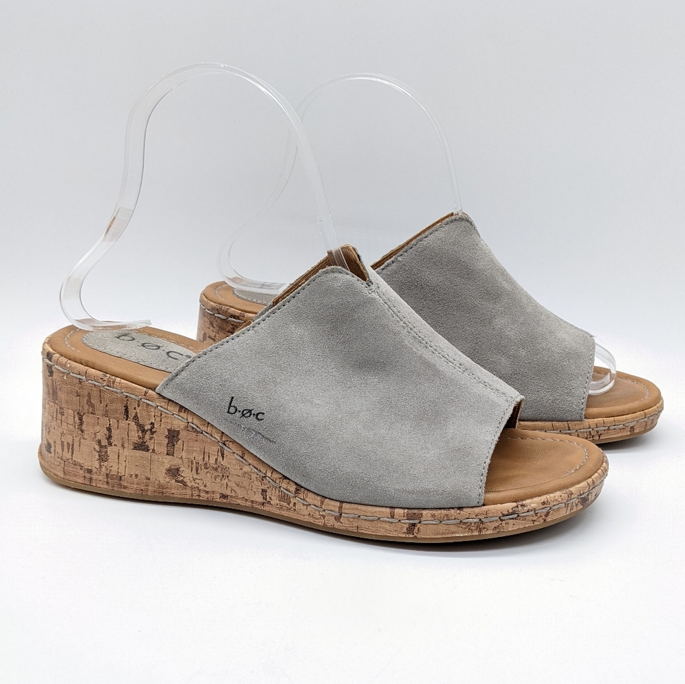 b.o.c. Gray Suede Cork Wedge Slide Sandals